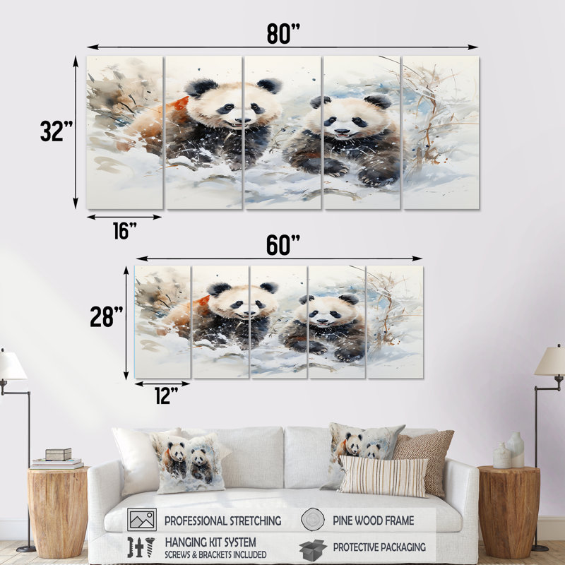 Panda jouant dans un paysage d'hiver - ours, art mural 5 pièces, H 28 po x l 60 po