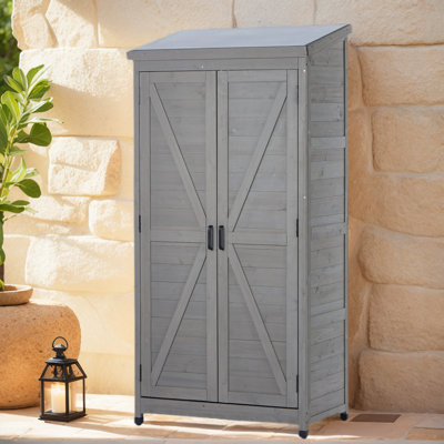 Modern Farmhouse Vertical Storage Shed, Cedar Wood Tool Cabinet With Sloped Metal Roof, Adjustable Shelves, Patio/Garden/Backyard
