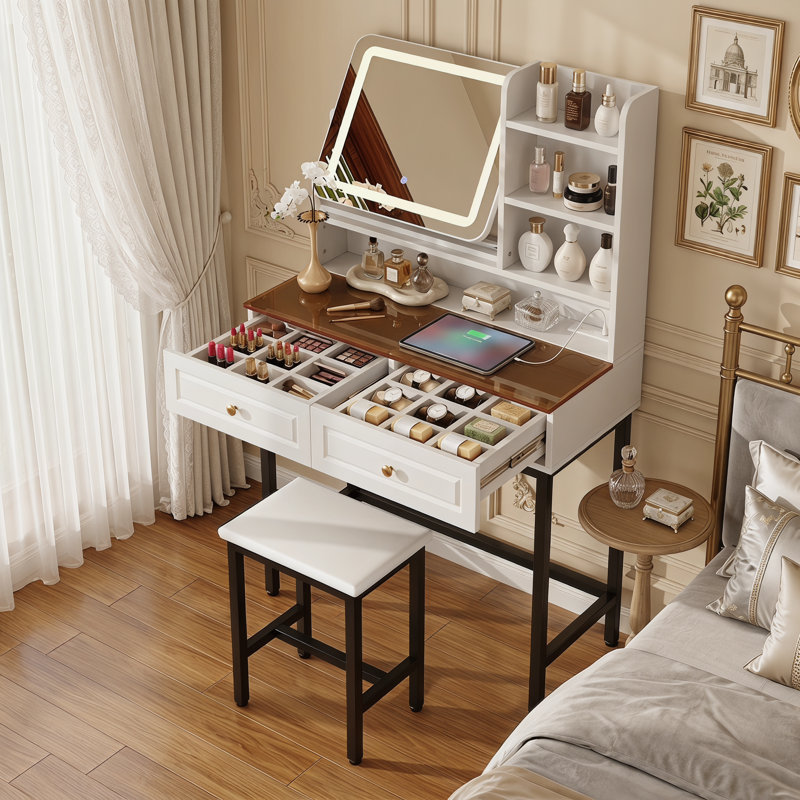 Coiffeuse 32,20 avec miroir lumineux à DEL et prise de courant, coiffeuse avec 2 tiroirs et 3 tablettes à niveaux, plateau en verre ambré avec tabouret pour la chambre à coucher, blanc