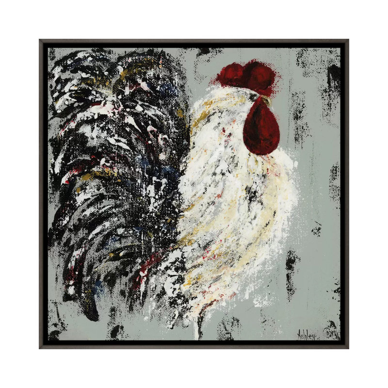 Coq par Ashley Bradley - reproduction d'art, Toile encadrée de bois rustique foncé, Aucun mat, H 26 po x l 26 po x P 1,5 po