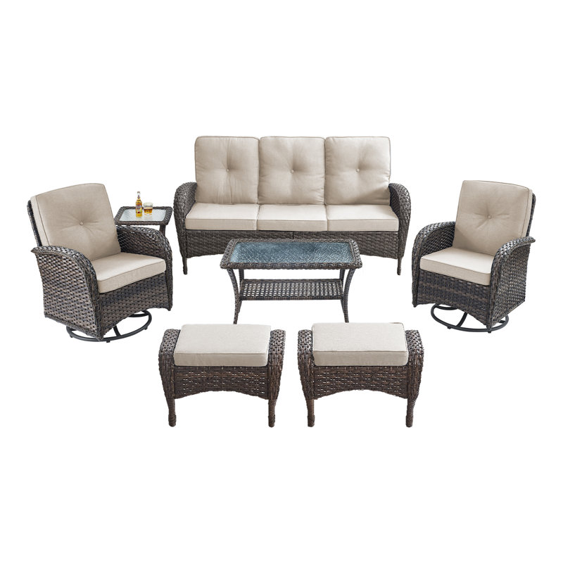 Aristil 5-Person PE Wicker Outdoor Patio Conversation Set With Swivel Glider Chair And Cushions, Beige