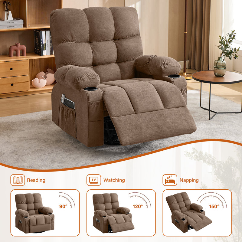 Fauteuil inclinable pivotant surdimensionné PlushGlide avec massage par vibration et chauffage lombaire, Brown