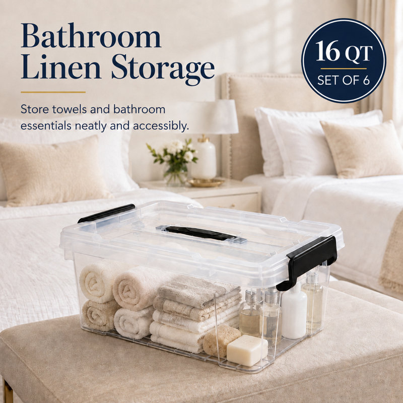 Lot de 6 bacs de rangement transparents en plastique de 16 litres pour l'organisation de la maison, 16 pte, ensemble de 6