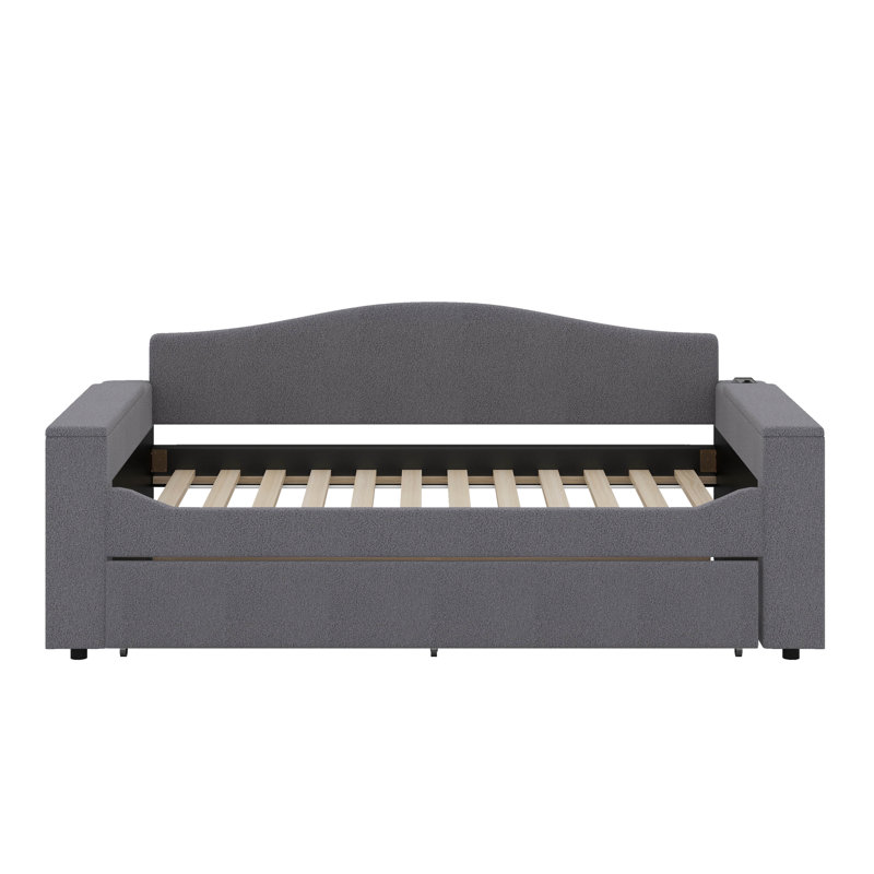 Twin Size Upholstered Daybed With Trundle,Storage Armrests And Latest Integrated Bluetooth Audio System, Gray