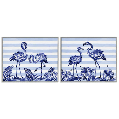 Ensemble de 2 giclées encadrées au pinceau, flamants roses et rayures, design par Paul Brent