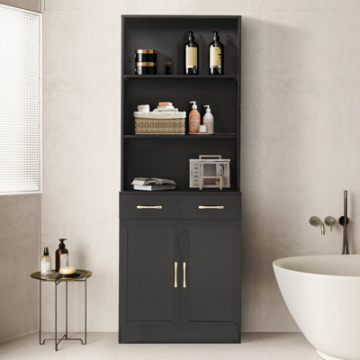 Tall Freestanding Bathroom Storage Linen Cabinet With 3 Layer Open Shelf,2 Doors And 2 Drawers, Adjustable Shelf