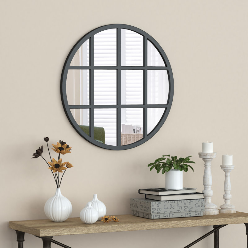 Metal Flat Wall Mirror with Hooks, Black
