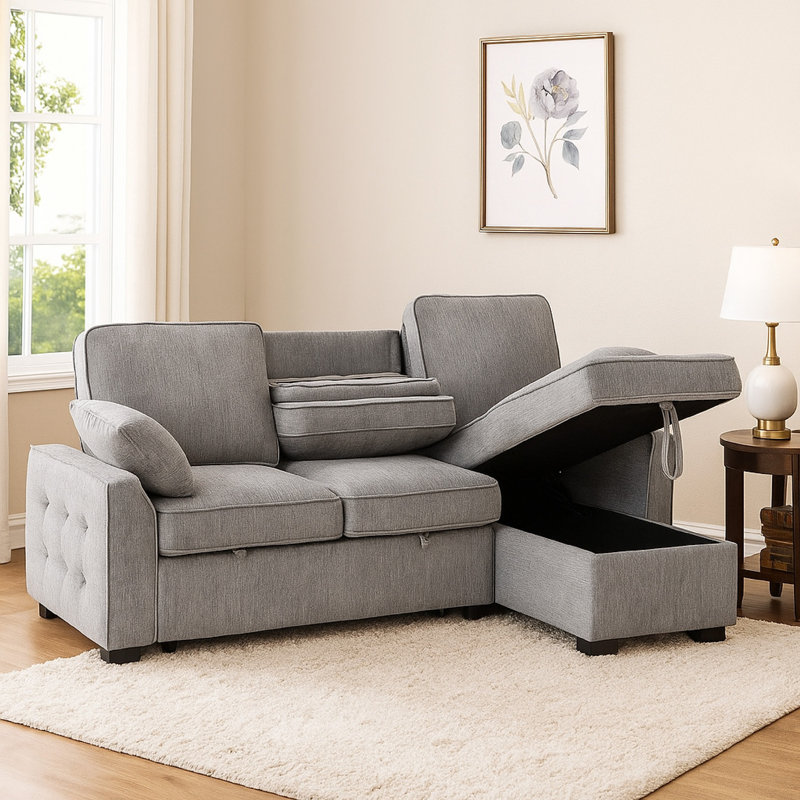 Ken 91In Sleeper Sectional Sofa W Storage Chaise,  USB, Light Gray Chenille, Black Chenille