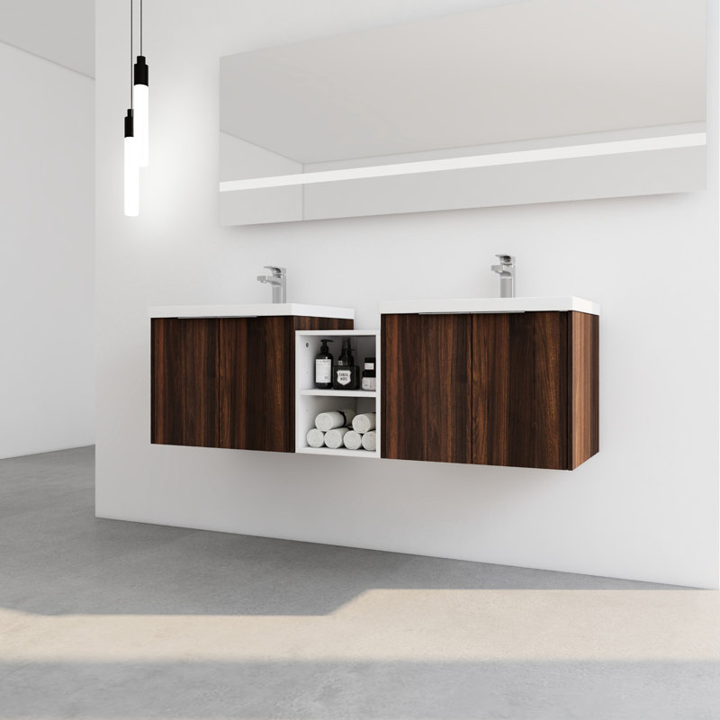 Meuble-lavabo de 60 po avec lavabo, armoire de porte, lavabo en résine de 24 po et 12 po, poignée en métal durable, portes à fermeture en douceur modernes d'aspect noyer