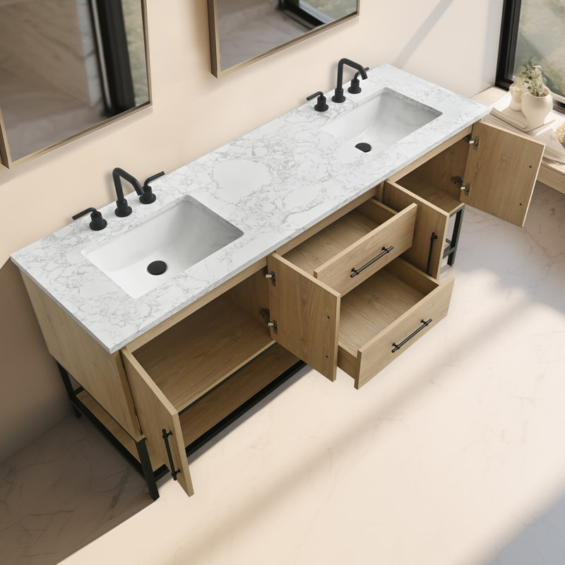 Meuble-lavabo double 72 po avec plateau en pierre d'ingénierie Cherita