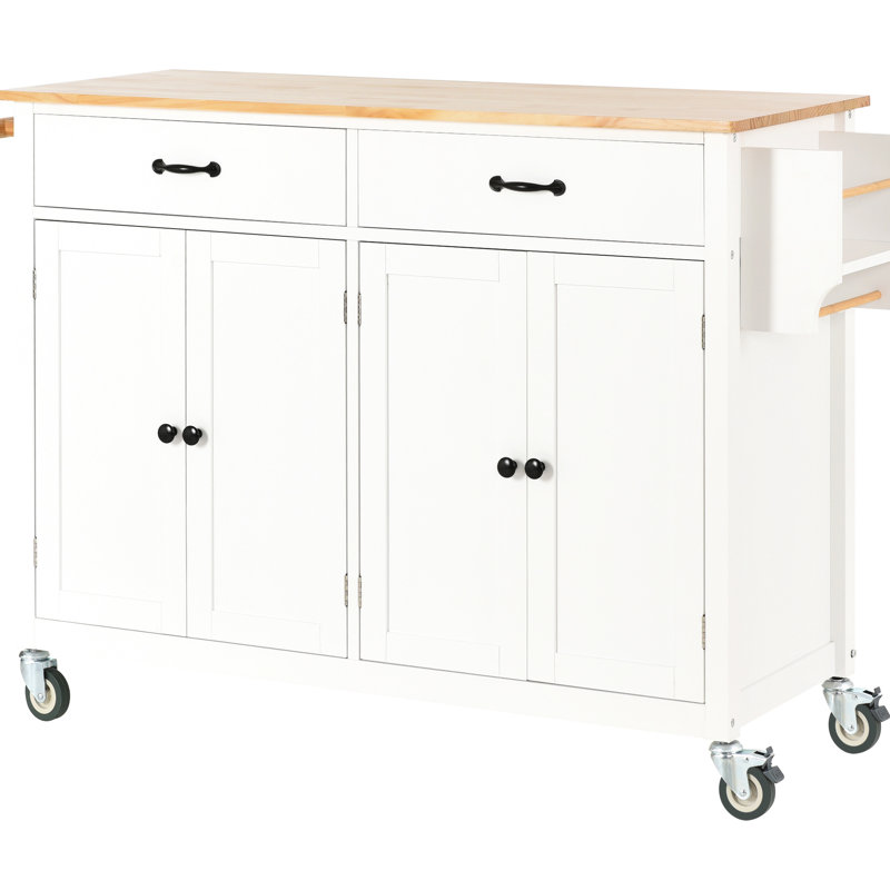 Solid Wood Top Kitchen Island Cart In White, 4 Door Cabinet With Space Shelves, 2 Drawers, Spice & Towel Rack, Locking Wheels Adjustable