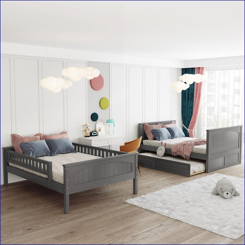 Lit superposé double en bois de pin avec lit gigogne simple - gris brossé, peu encombrant Convertible
