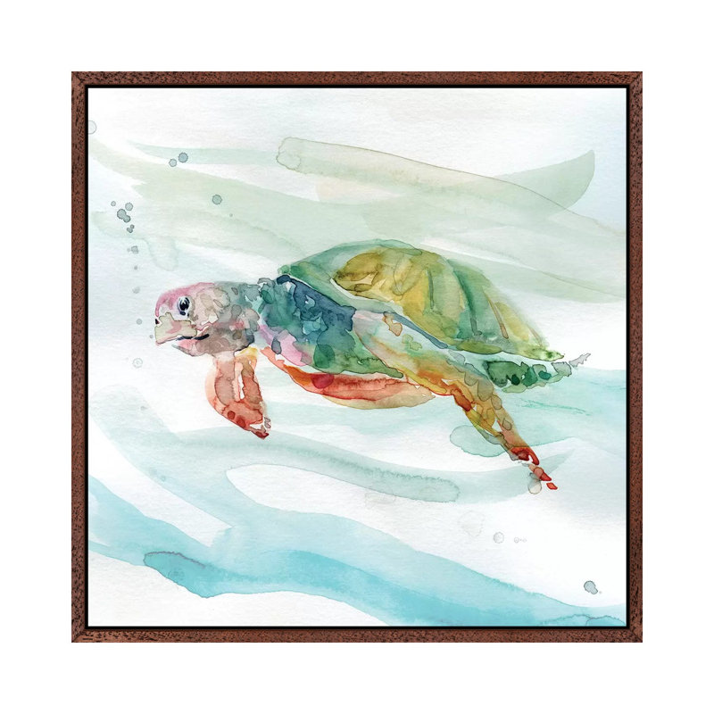 Turtle Tropics II by Carol Robinson - Painting on Canvas, 93.98 cm H x 93.98 cm W, Classic Brown Wood Framed Canvas