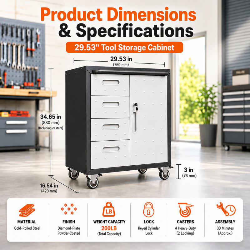 34.65" Heavy-Duty Lockable Metal Tool Storage Cabinet with Wheels, Rolling Garage & Workshop Organizer with Adjustable Shelf, Split Drawers & Raised Top Fence for Office, Home & Industrial Use