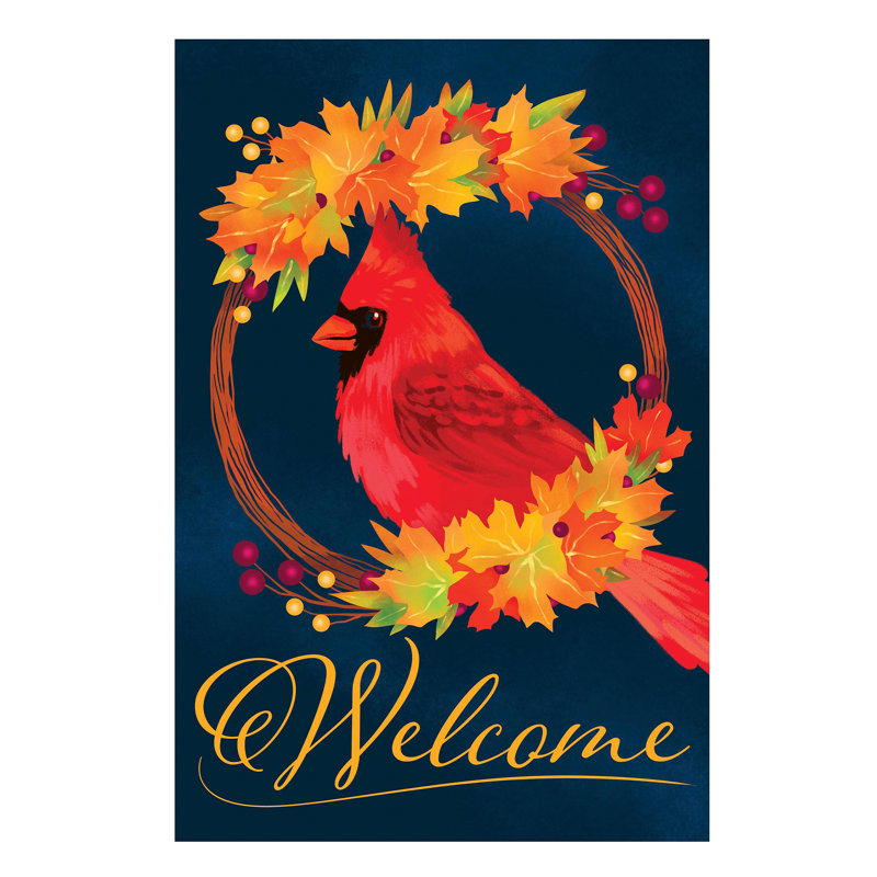 Automne, cardinal, couronne, toile de jute, drapeau de maison