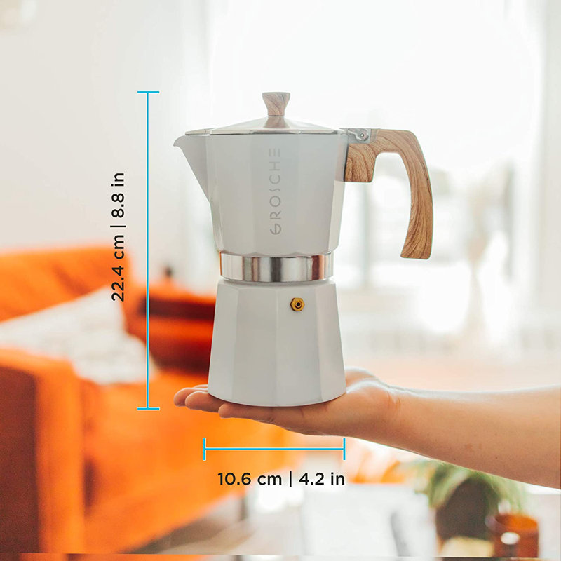 White Aluminum 9-Cup Stovetop Espresso Maker with Wood Accents
