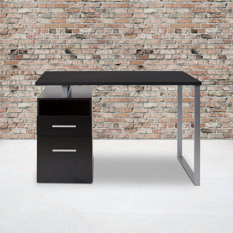 Bureau d'ordinateur Leo avec deux tiroirs et structure en métal, Noir