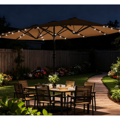 Parasol d'extérieur avec conception à double face, auvent, lumières à DEL solaires, cadre en acier à 12 nervures pour le soutien, système de manivelle pour patio et 36 po de durabilité, fermeture facile