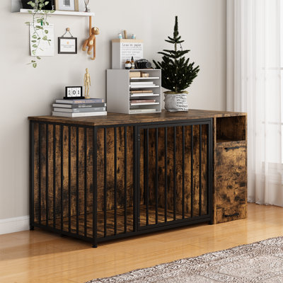 Dog Cage With Cabinet And Two Dog Bowls
