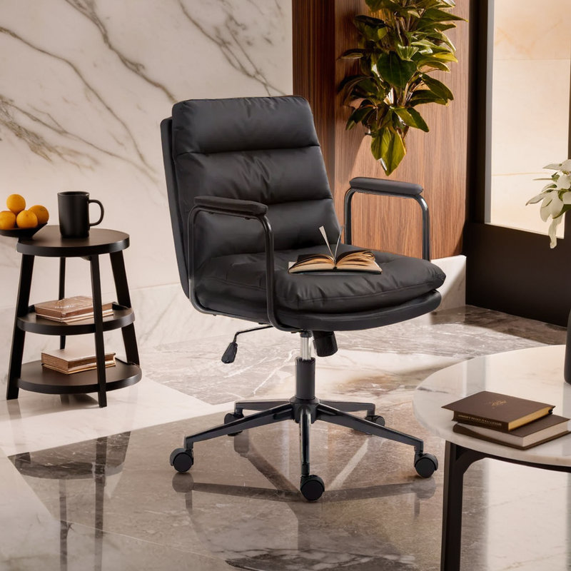 Mid Back Ergonomic PU Home Office Chair With Wheels, Black