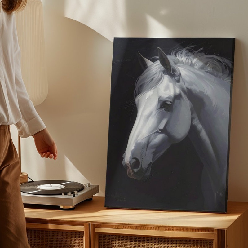Toile murale, Grace Silent, toile blanche, cheval, sortie de l'obscurité, prêt à accrocher, H 11 po x l 14 po