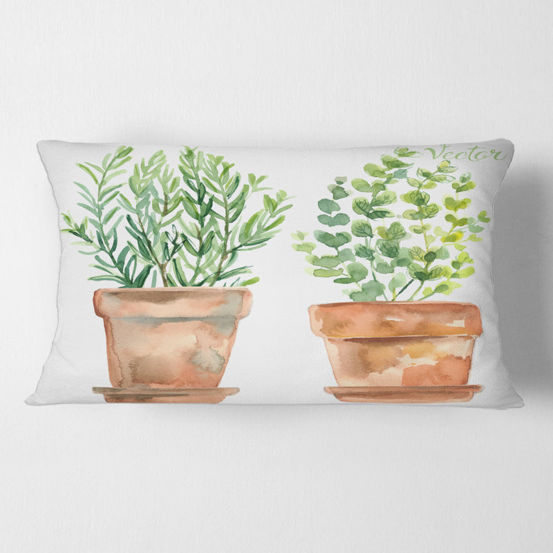 Rectangle, deux plantes vertes dans des pots de fleurs orange - Coussin décoratif imprimé traditionnel