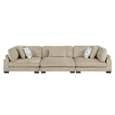 Contemporary Brown 3-Seater Sofa Comfortable Pillow Plush Microfiber Upholstery Solid Wood Modular Design Living Room Furniture 1pc