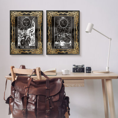 Ornement du soleil et de la lune Tarot encadré sur bois, impression de 2 pièces