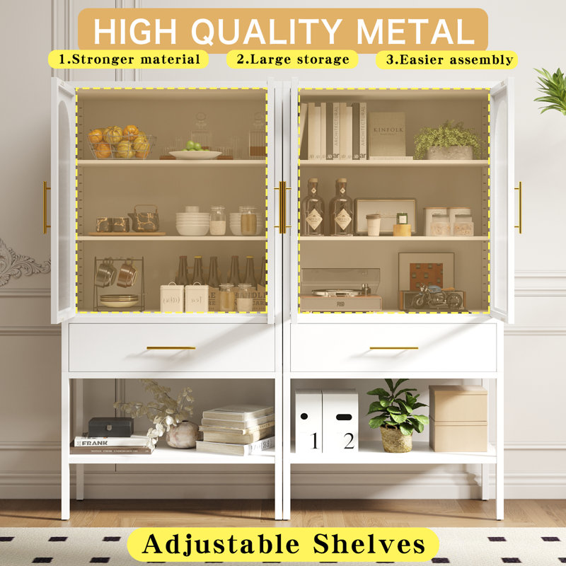 63"H Glass Display Cabinet With Drawer And Shelf, White