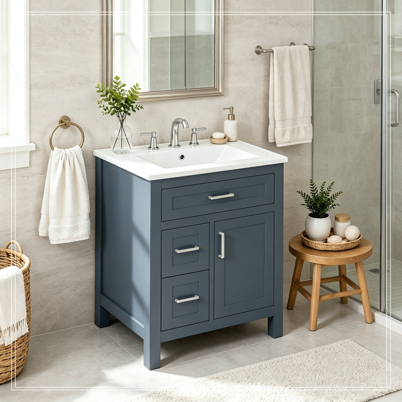 Meuble-lavabo de salle de bain avec lavabo en céramique, 1 porte, tiroir rabattable et 2 tiroirs, Blue