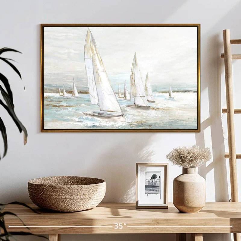 Voiles balayées par le vent I, Cadre flottant doré, 25 po x 17 po