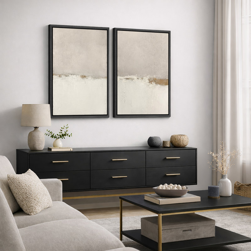 Paysage minimaliste «Œuvre abstraite grunge beige beige, images murales simples minimalistes neutres, impression sur toile encadrée, 2 pièces»