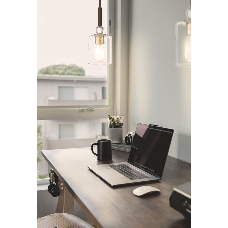 Ivy Bronx Friedman Clear Glass Pendant Light, Painted Bronze/Natural Brushed Brass, 12.25" H x 5" W x 5" D