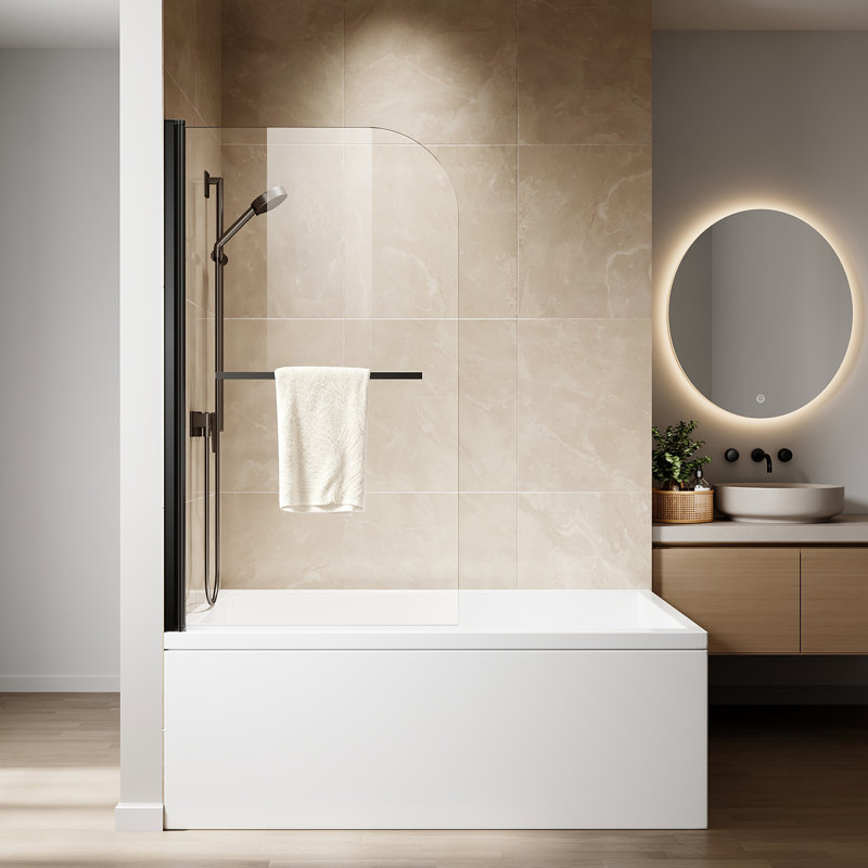 34" W x 58" H Single Panel Pivot Bathtub Shower Screen with Towel Bar, Polished Chrome