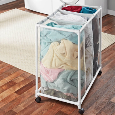  3 Bag Mesh Rolling Sorter Laundry Cart, Soft Silver