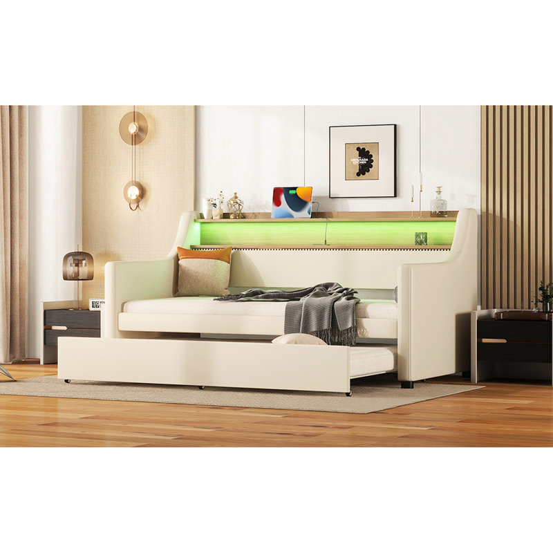 Lit de jour simple rembourré beige avec lit gigogne, prise de charge, lumières à DEL et lit gigogne en beige, cuir d'unité centrale enveloppé, station et support