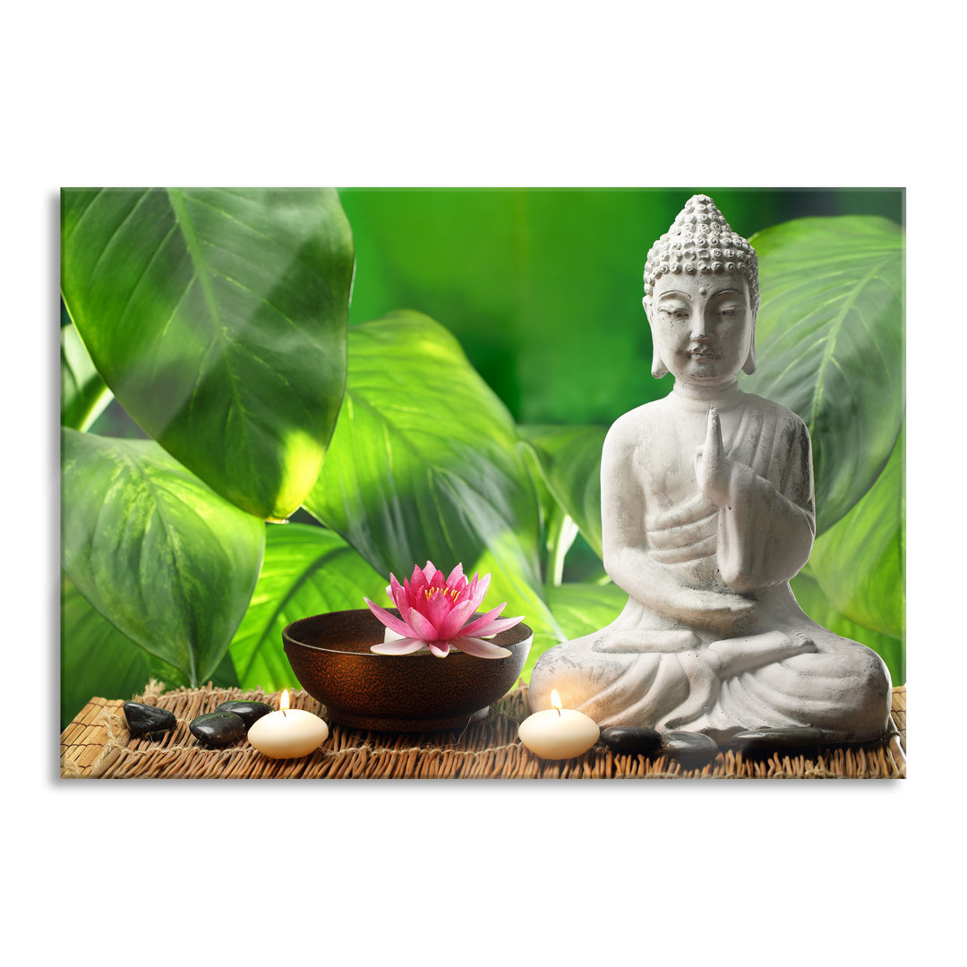 Glasbild Seerosen-Buddha-Statue