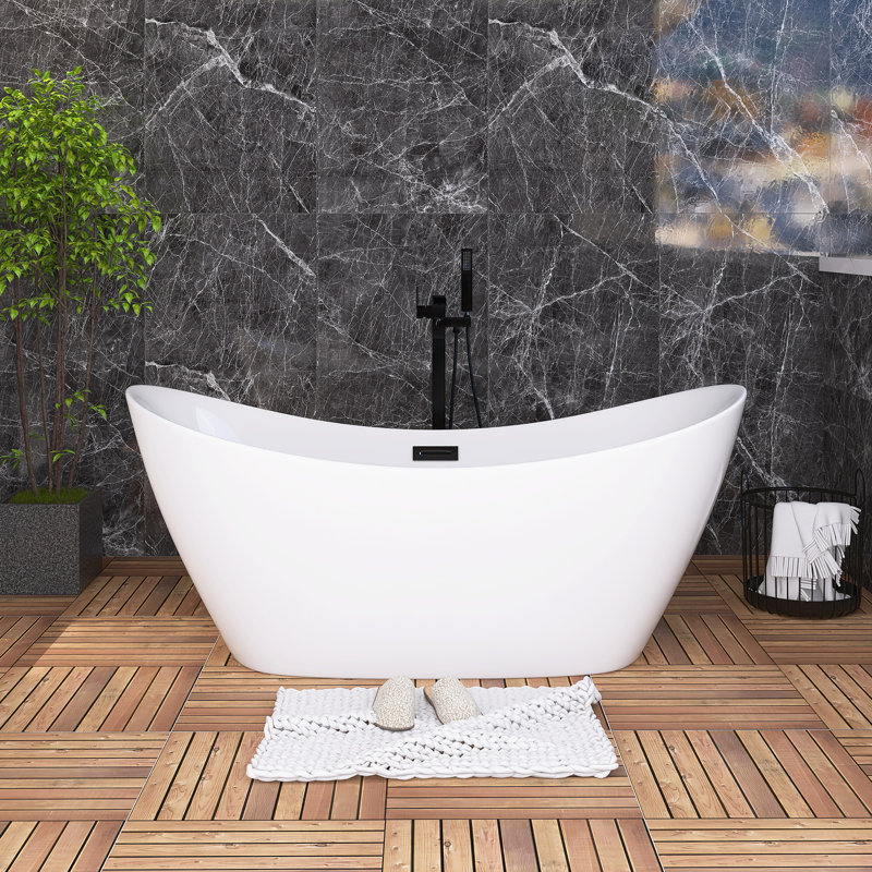 59" Freestanding Soaking Acrylic Bathtub In Gloss White