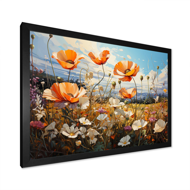«Peach Sunkissed Petals Wildflowers II», reproduction sur toile, H 12 po x l 20 po x P 1 po, Cadre simple noir