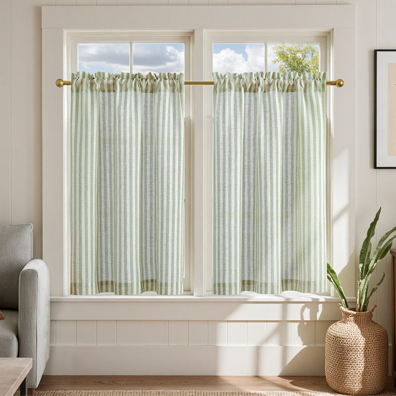 Linen Rod Pocket  Light Filtering Striped Kitchen Cafe Curtains Curtains, 26" W x 36" L, Green/Beige