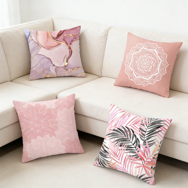 4-Pack Pink Geometric & Botanical Decorative Throw Pillow Cover For Home Sofa, Sofabed, Bed - 18*18 Inch Modern Abstract Polyester Throw Pillow Cover (Inserts Not Included)