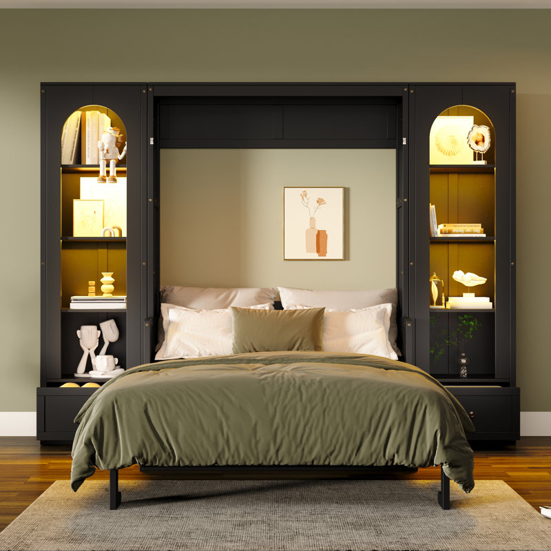 Grand lit escamotable gris avec éclairage à DEL, tablettes, armoires latérales et tiroirs, lit mural pliable pour les petits espaces