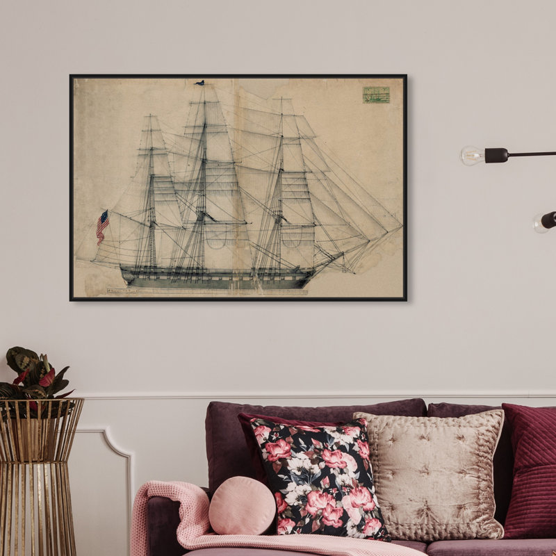 Reproduction d'art graphique sur toile Almeda USS Constitution Sail Plan 1817, Cadre noir, H 36 po x l 24 po