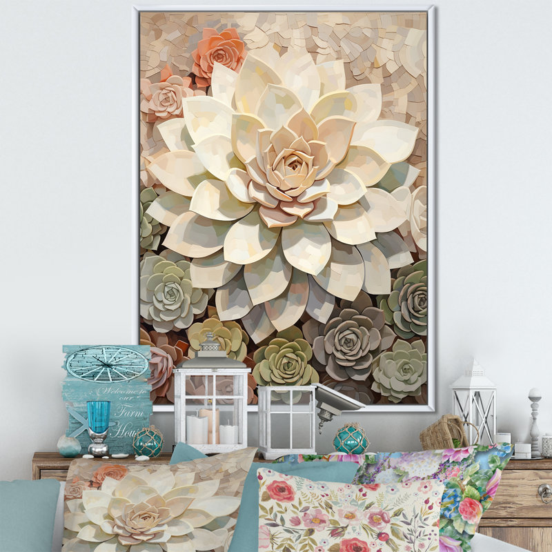 Beige succulent «Soft Bloom IV», art mural sur toile, Cadre flottant blanc, H 32 po x l 24 po