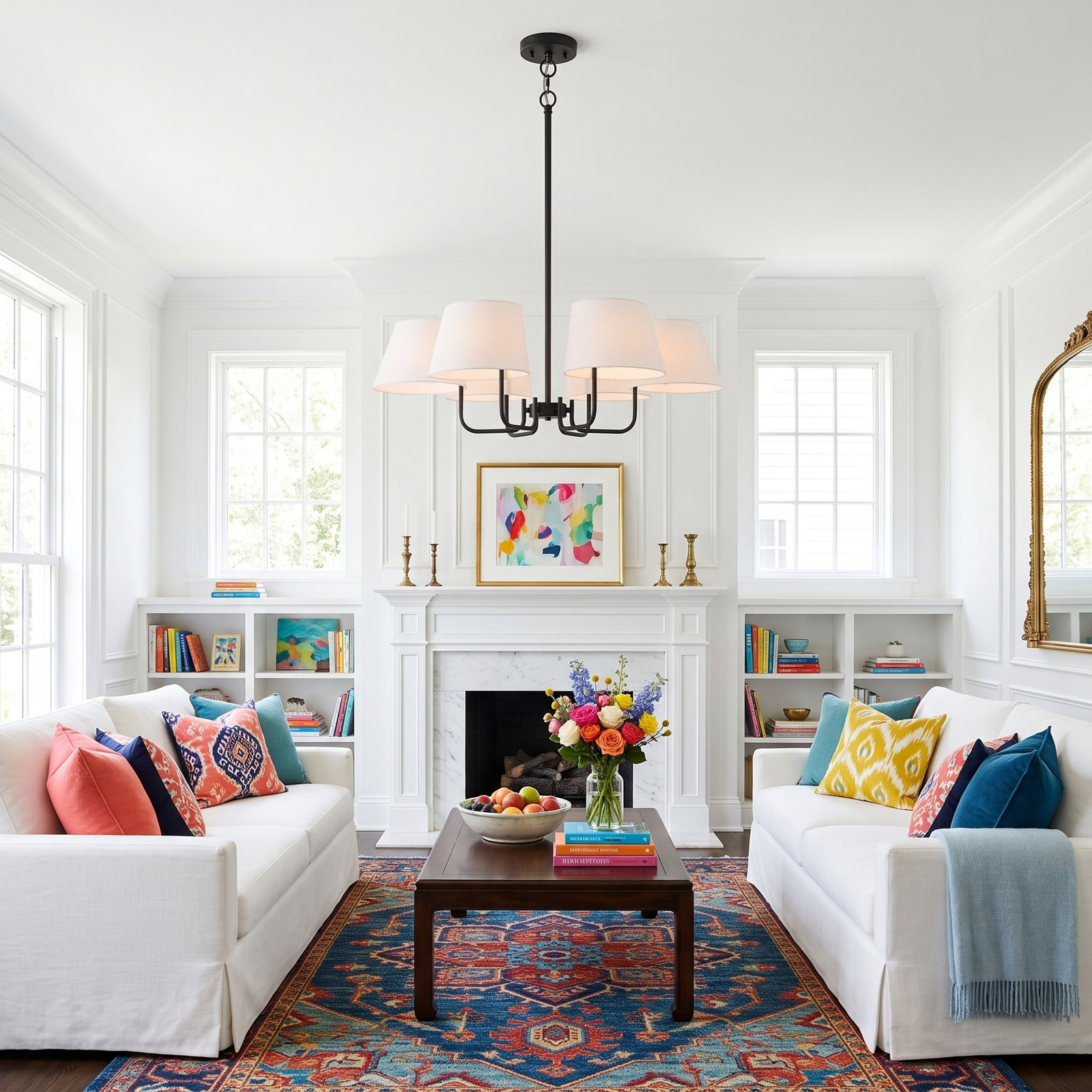 6-Light Classic / Traditional Chandelier With White Lampshades, Matte Black