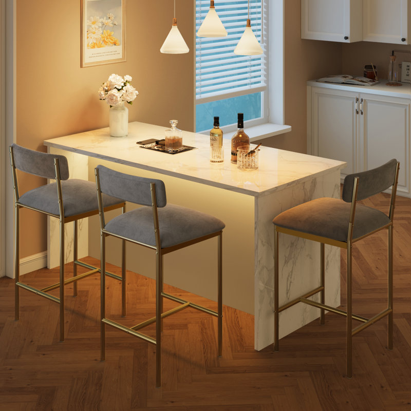 2pcs Bar Stools Kitchen Bar Stools With Footrest, 25.5 In Upholstered Bar Chairs Counter Barstools Gold