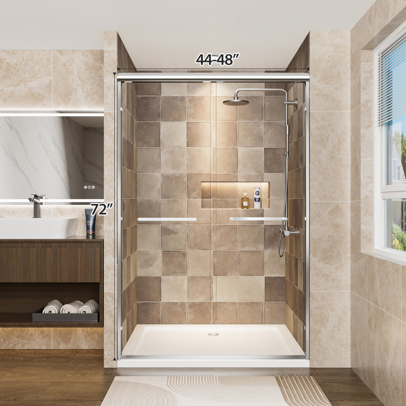 Aluminum Double Sliding Shower Door, 48" Wide, 72" High, 1/4" (6mm) Clear Tempered Glass With Film, Corrosion - And Adjustable For Bathroom Frame Shatter Easy To Install In