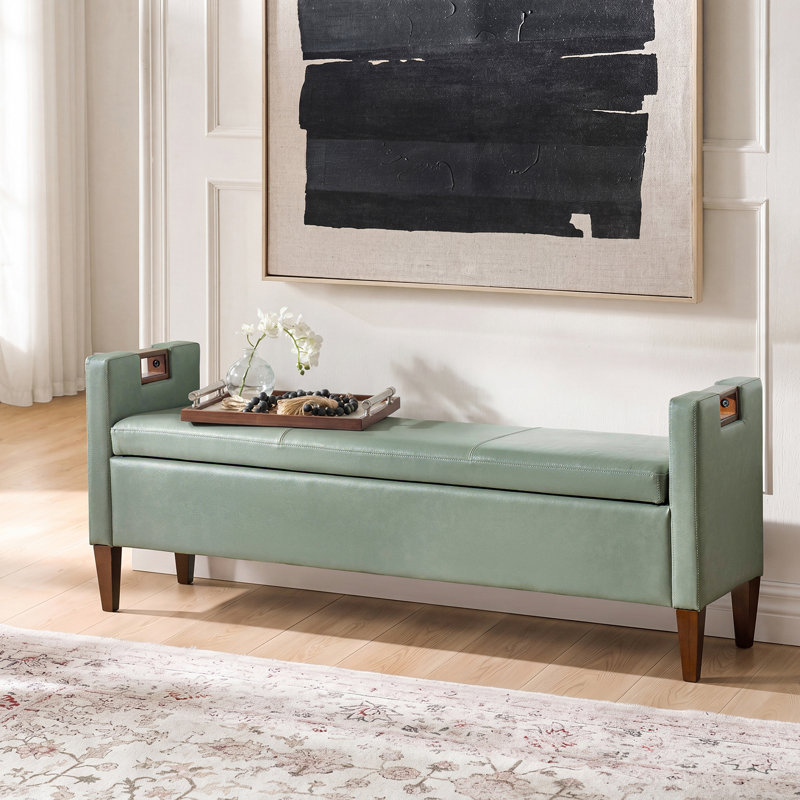 Banc de rangement en cuir véritable avec accoudoirs et pieds en bois massif Adrian, Sauge