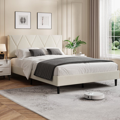 Cadre de lit double avec tête de lit, cadre de lit plateforme grand avec tête de lit tapissier en tissu, cadre de lit avec lattes de bois, aucun sommier requis, ne couine jamais, assemblage facile, blanc