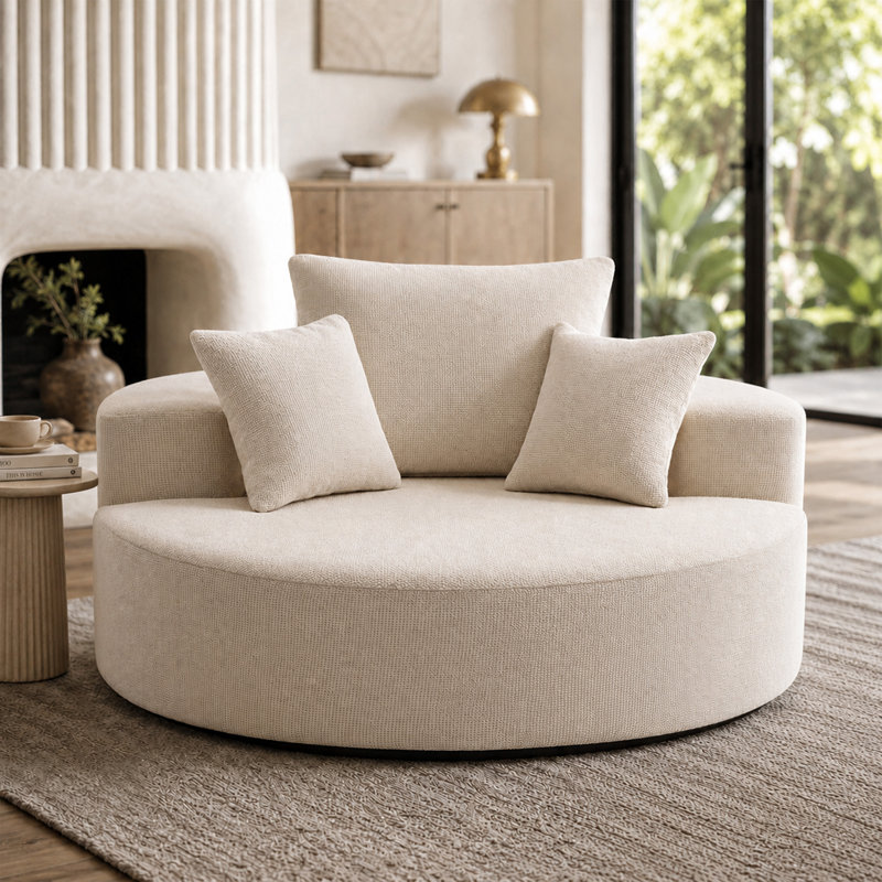 55" Oversized Boneless Swivel Round Pillow Back Sofa, Modern Comfy Lounge Seating, Beige
